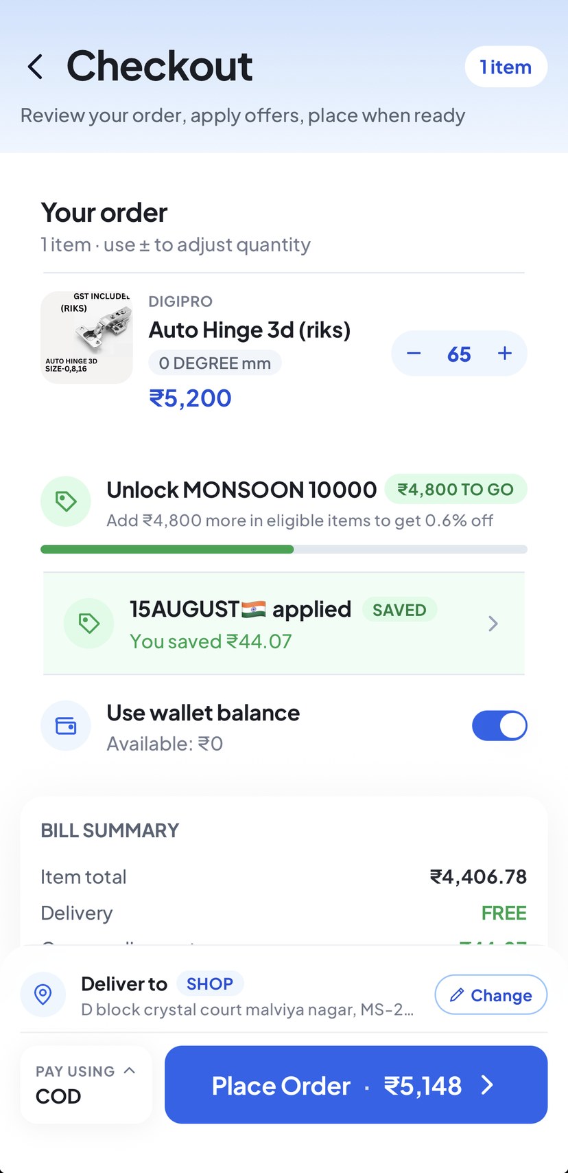 The Digidukan app checkout, showing the 15AUGUST coupon applied with a ₹44.07 saving, the wallet balance toggle and the full bill summary before Place Order