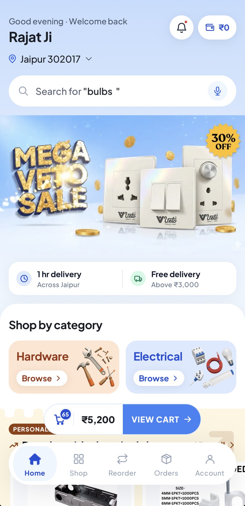 The Digidukan app home screen for a trader in Jaipur, showing the Mega Veto Sale, one hour delivery across Jaipur and free delivery above three thousand rupees