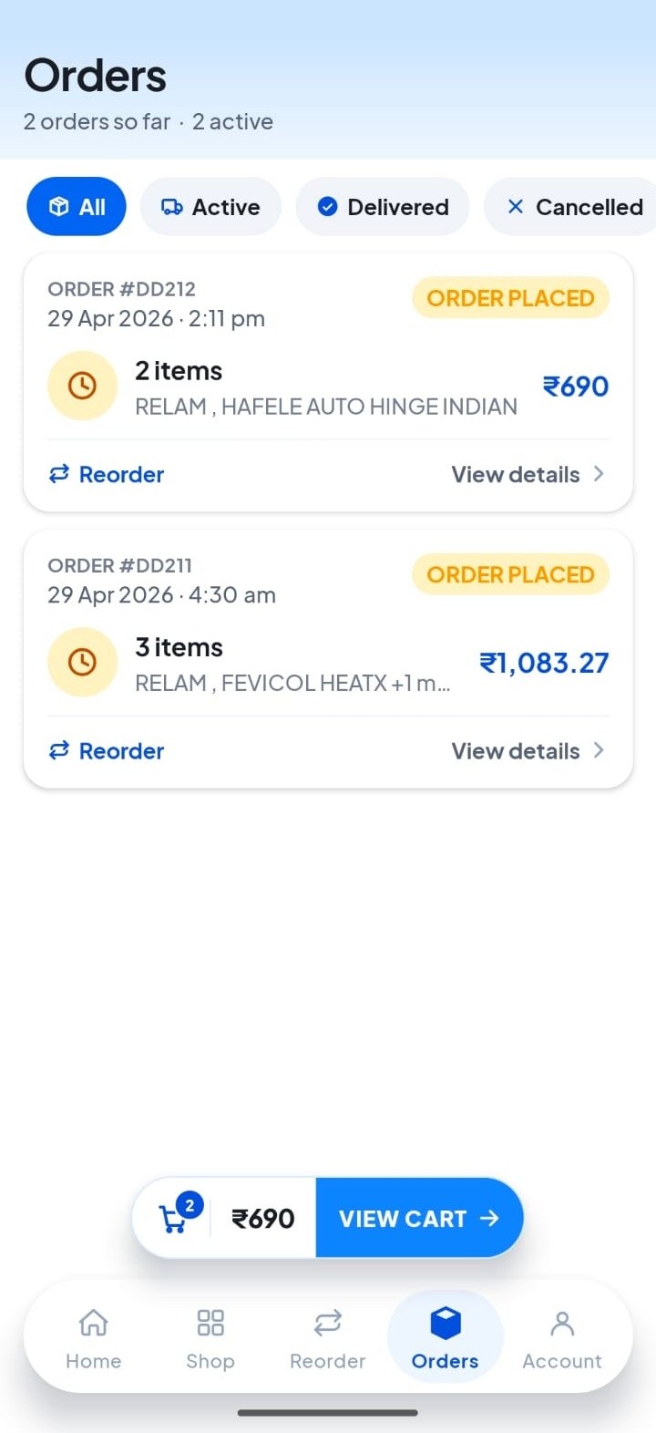 The Digidukan app Orders tab, showing two placed orders with their items, totals and a Reorder action on each