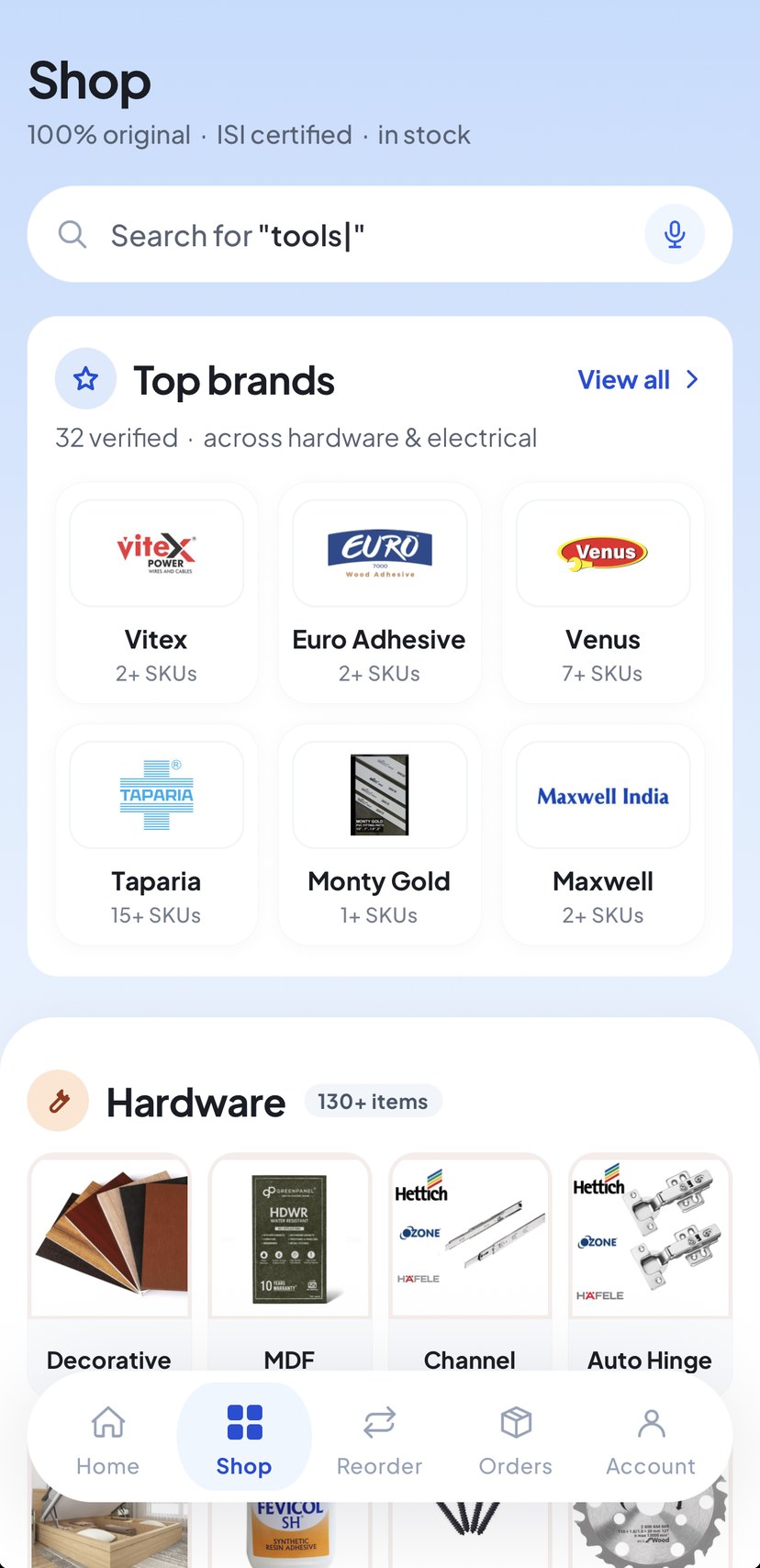 The Digidukan app Shop tab, showing the top electrical brands and the Hardware category with more than 130 items